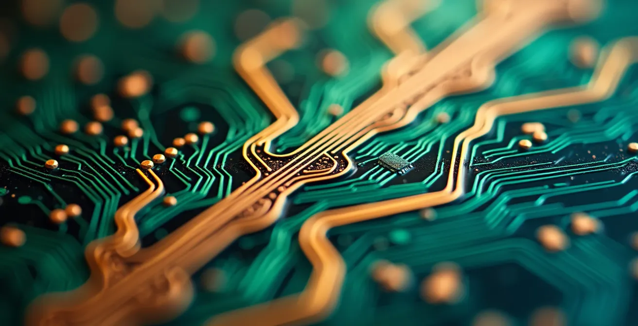 Vue macro de circuits imprimés colorés interconnectés formant un réseau organique